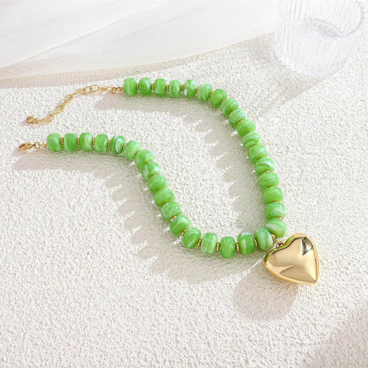 Gold Heart Pendant Necklaces for Women Colorful Acrylic Resin Beaded Choker Neck