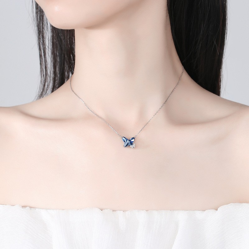 925 Sterling Silver Butterfly Pendant Necklace For Women Inlaid Crystal CZ