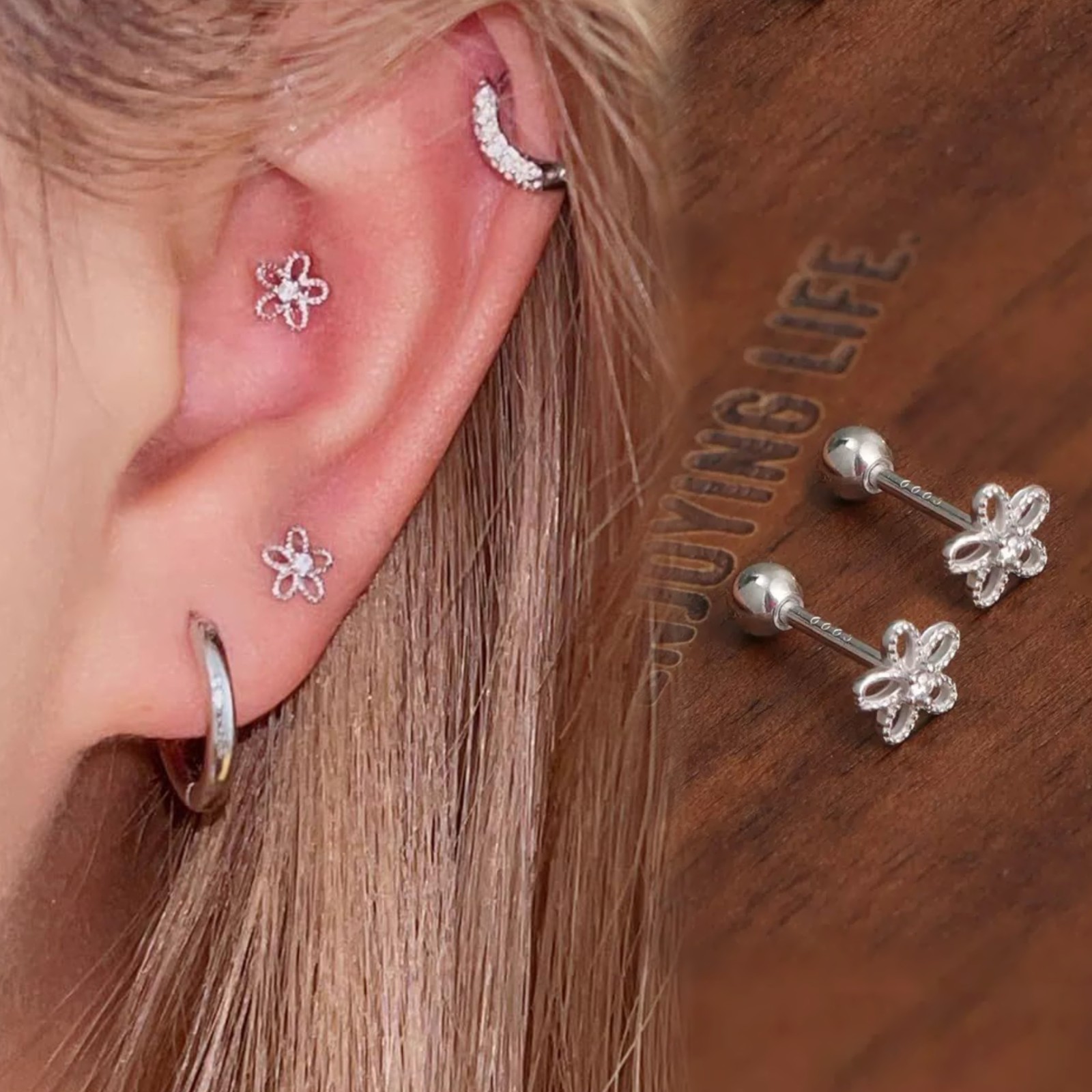 Women Small Silver Flower Screw Back Stud Earrings Girls Jewelry Gift For Her