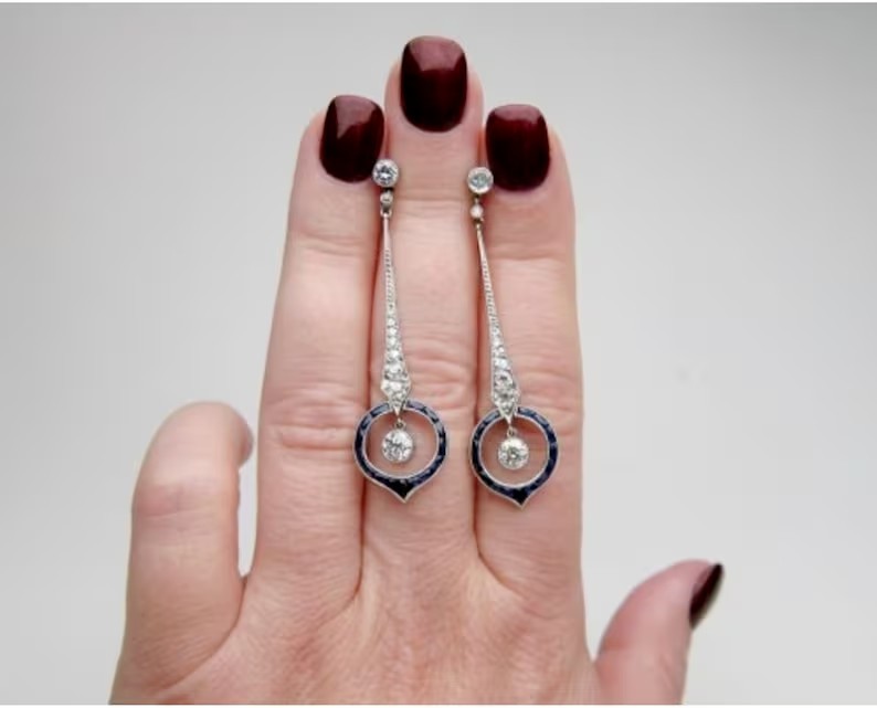 Art Deco Style Round Simulated Diamond & Sapphire Earring 14K White Gold Plated
