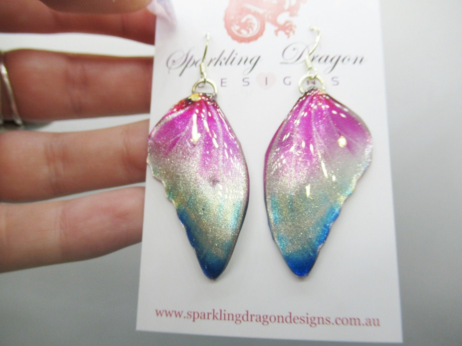 Butterfly Wing Earrings Misting Pink and Blue – Fairy Jewellery, Fun Gift for