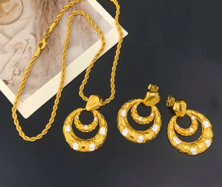 45cm African Dubai 18K Gold Plated Bride Double Layer Earrings Pendant Necklace