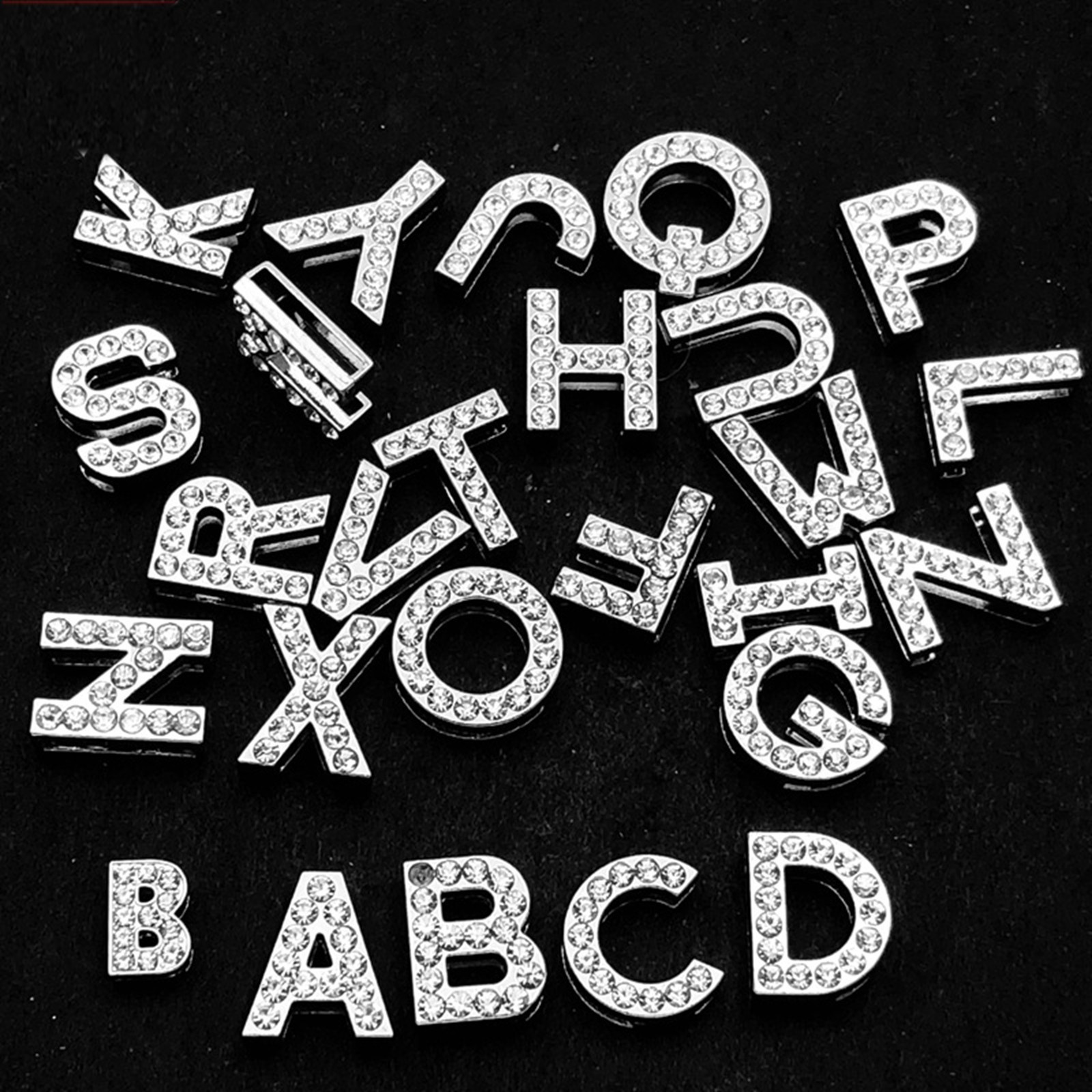 5 Pcs Silver Larger Alloy Rhinestone Letter “A-Z” Slide Charm Fit 18mm Wristband