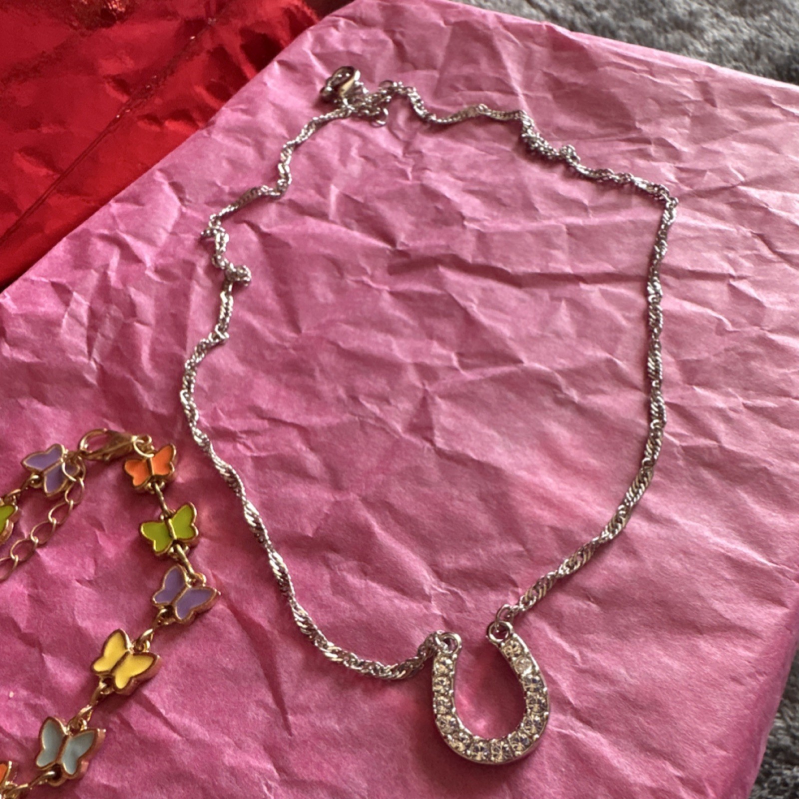 Multicolor Butterfly Enamel Bracelet & Silver Horseshoe Necklace Set Metal