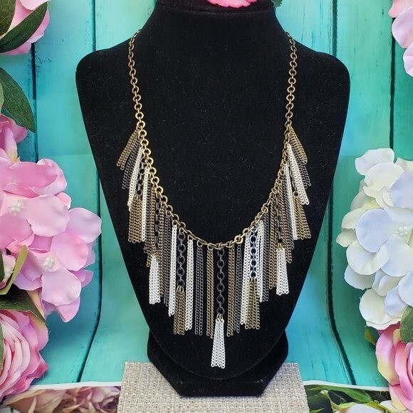 SILPADA KR Multi Tone Fringe Chain Necklace Gold Brass Gunmetal Tassel Statement