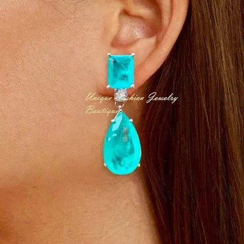 8 CTW Paraiba Tourmaline Drop Earrings Wedding Jewelry Gift 18K Platinum Plated