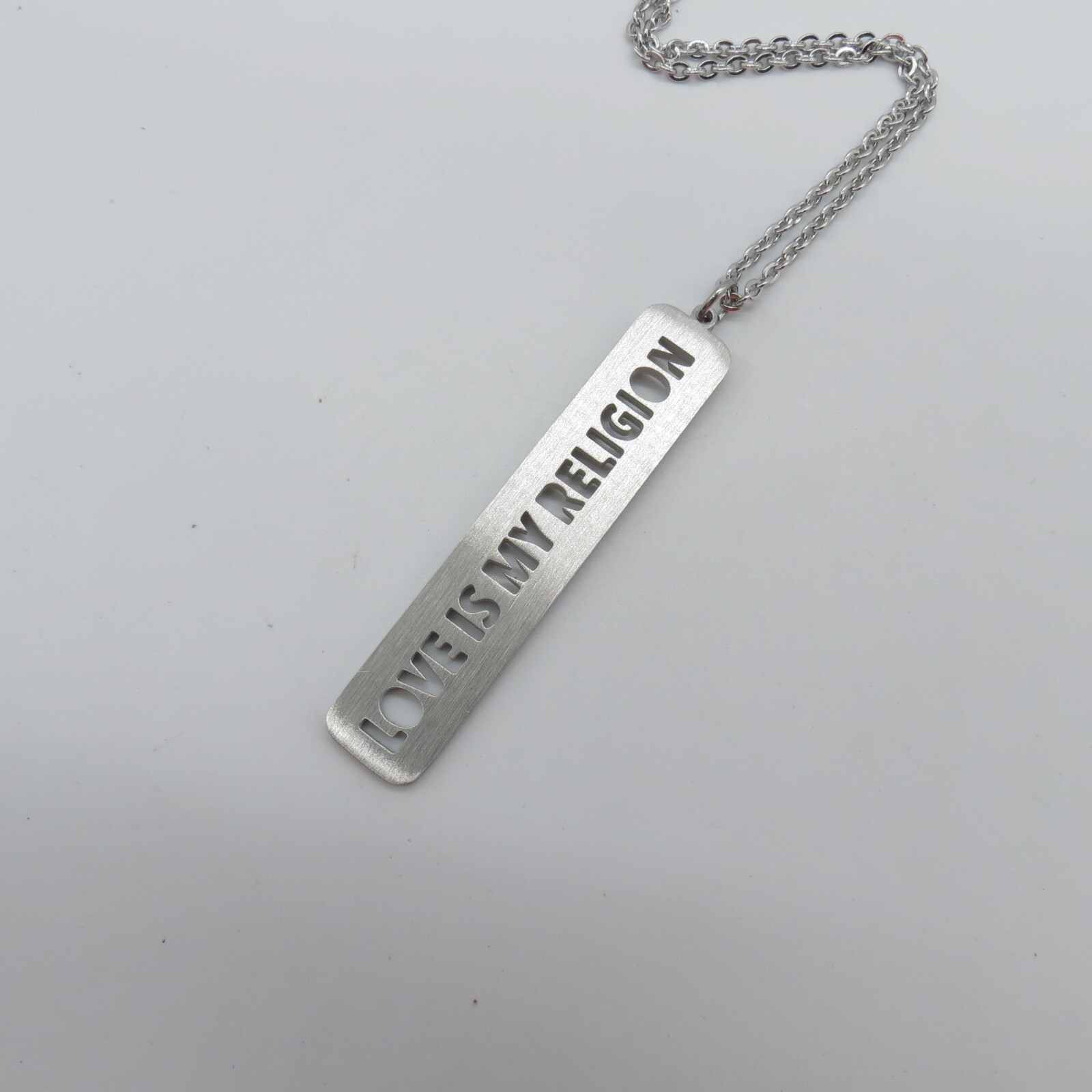 Love is My Religion Bar Pendant Necklace Silver Tone Everyday Jewel 28″