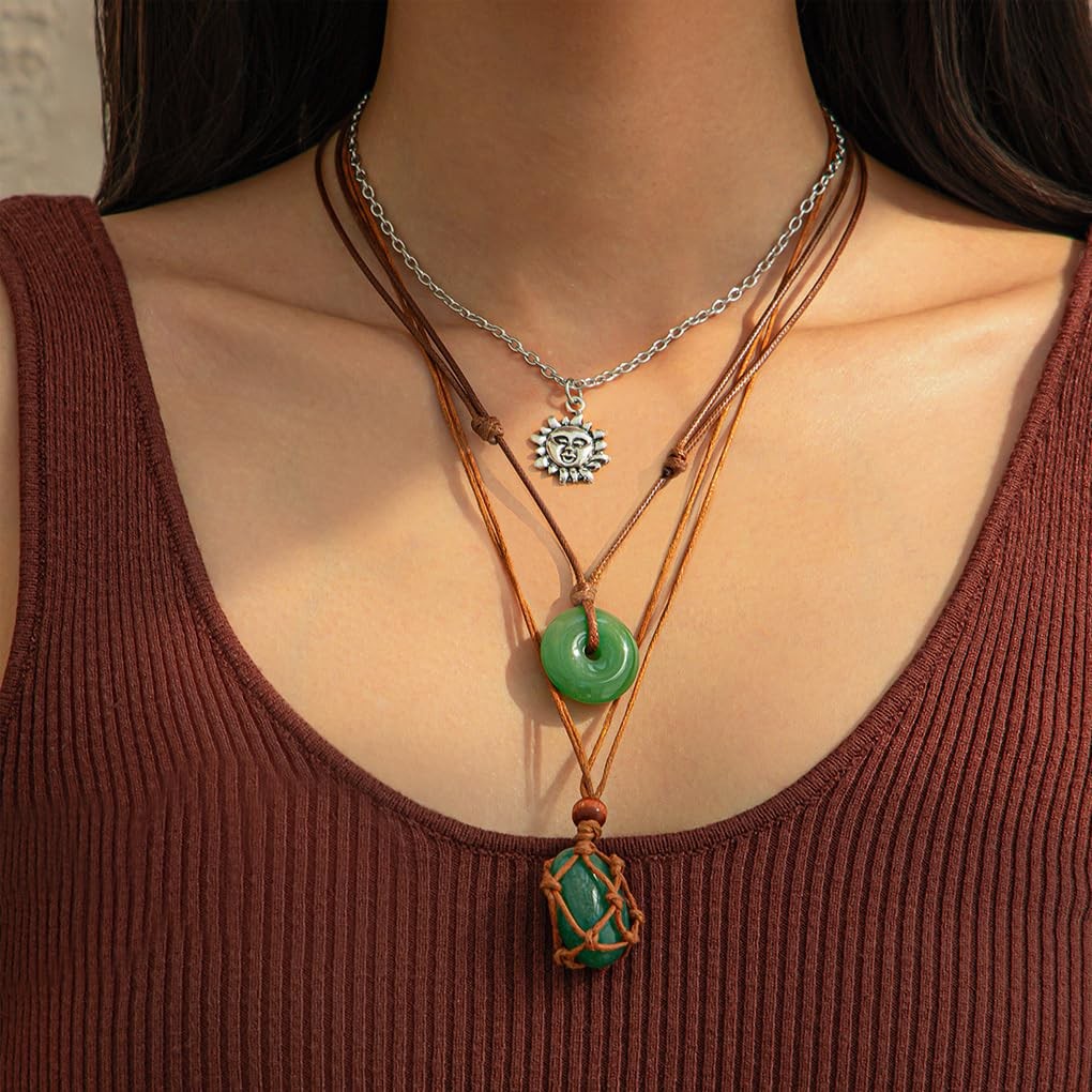 FUTIMELY Layered Green Stone Pendant Necklace Set,Bohemia Brown Small,