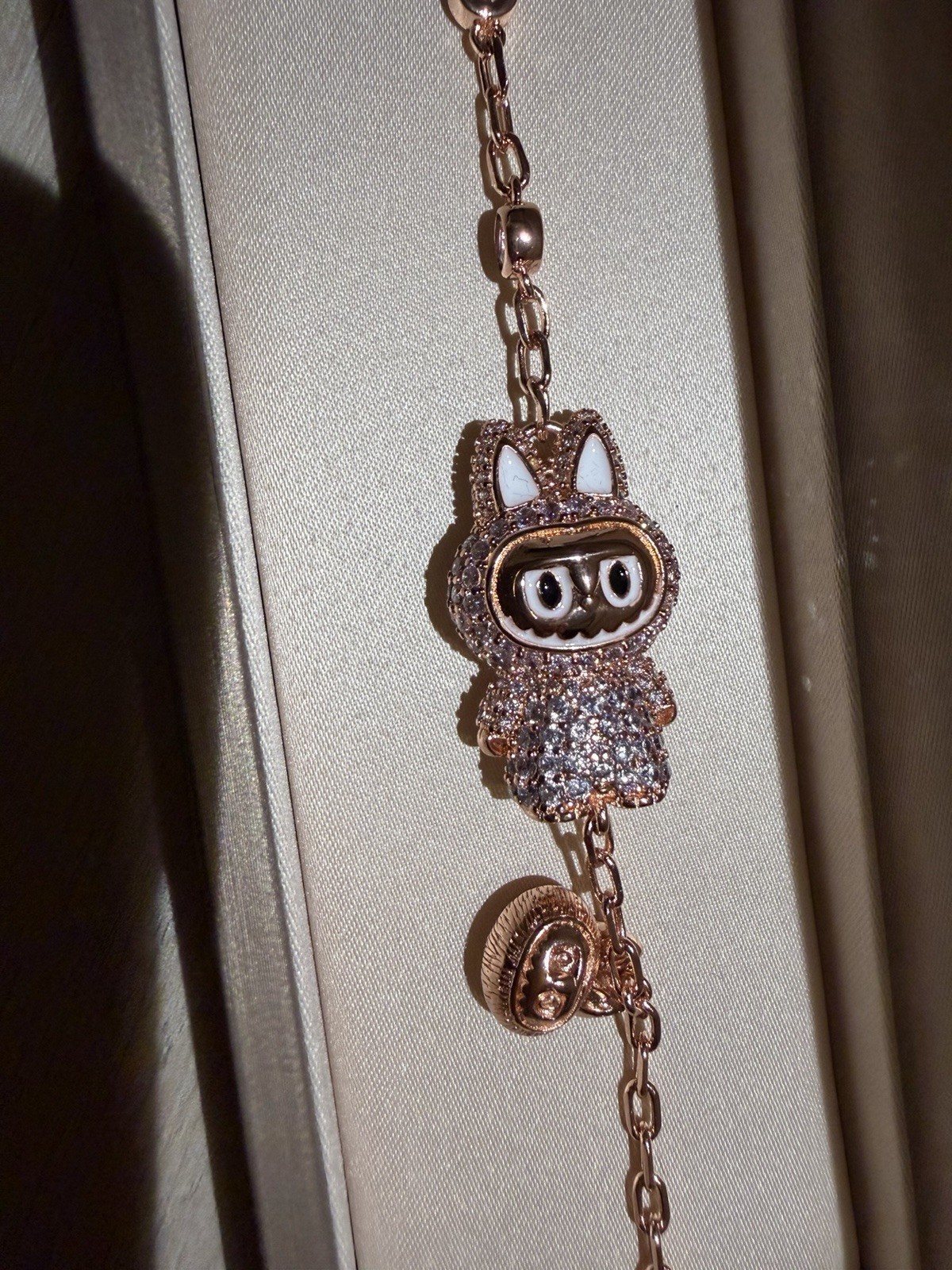 Rose Gold Plated Cat Charm Rolo Chain Bracelet, Clear Crystal, Lobster