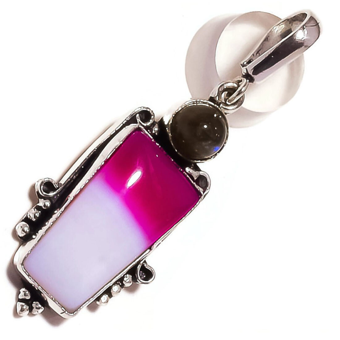 Pink White Agate, Blue Fire Labradorite Gemstone Silver Overlay Handmade Pendant