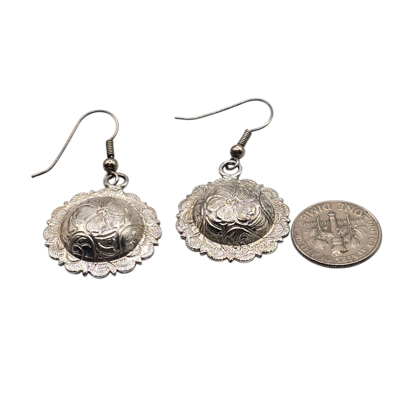 Earrings Raised Floral Repousse Design Dome Discs Scalloped Edged Pierced SK3164
