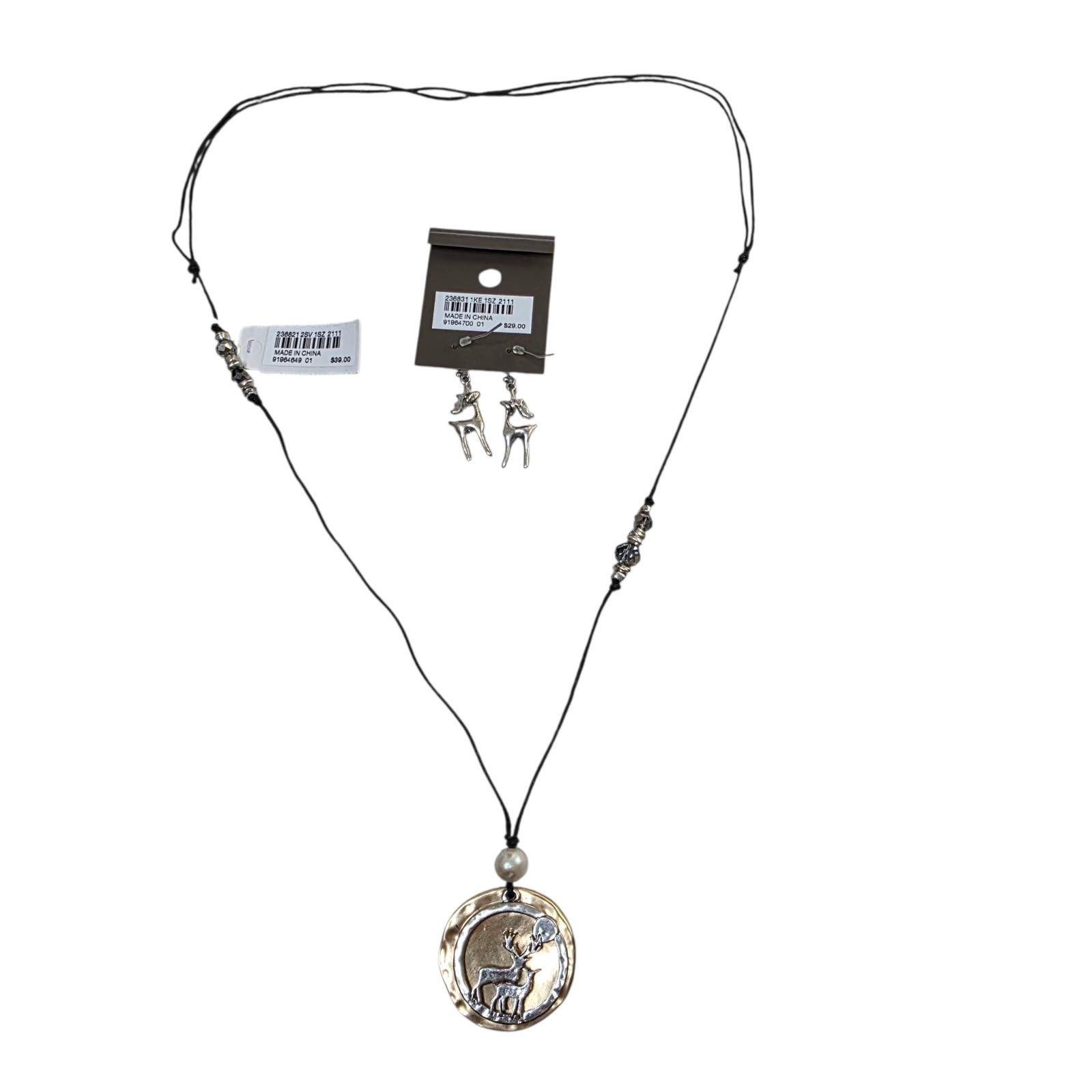 J Jill Winter Holiday Necklace Earring Set Reversible Reindeer Pine Tree NWT