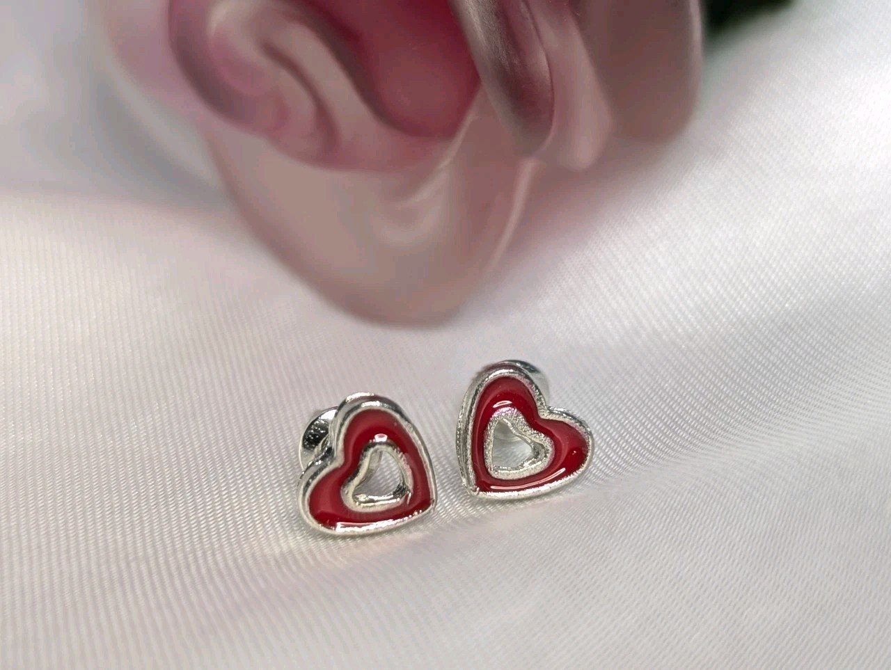 NEW Earrings Red Heart ❤️ Sterling Silver Studs Painted Fashion Earrings