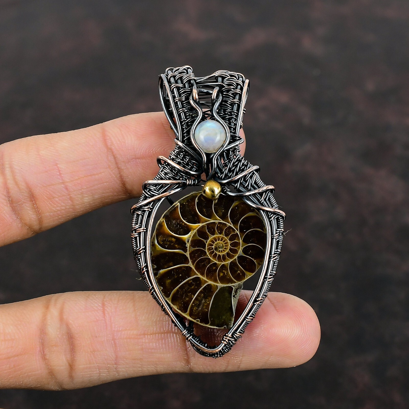 Ammonite Fossil Wire Wrapped Pendant Handcrafted Copper Gift 2.64″