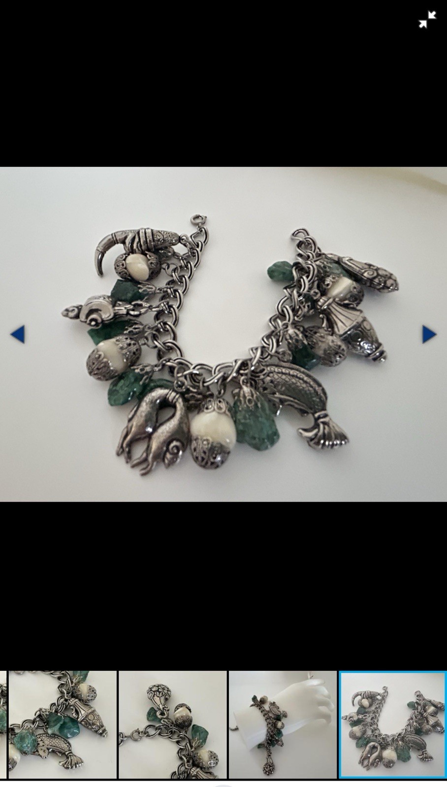 Silver Tone Cable Chain Charm Bracelet Lobster Clasp Green Stone Animal