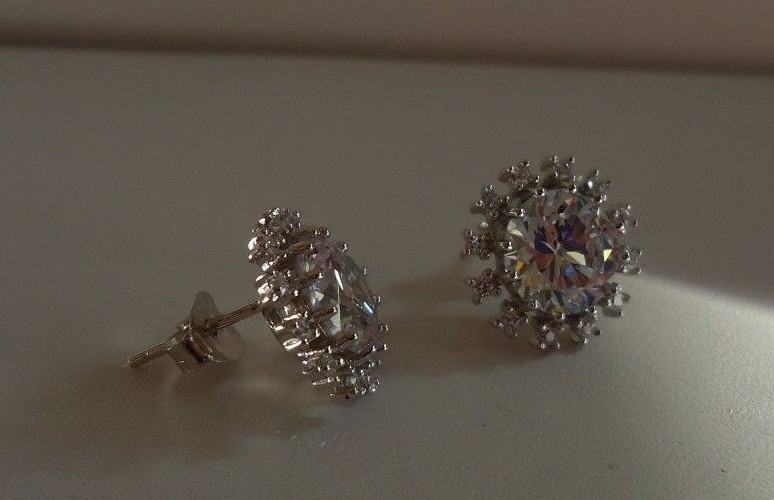 SNOW FLAKE SHAPE STUD EARRINGS 3.50 CT ACCENTS /925 STERLING SILVER/ 12MM