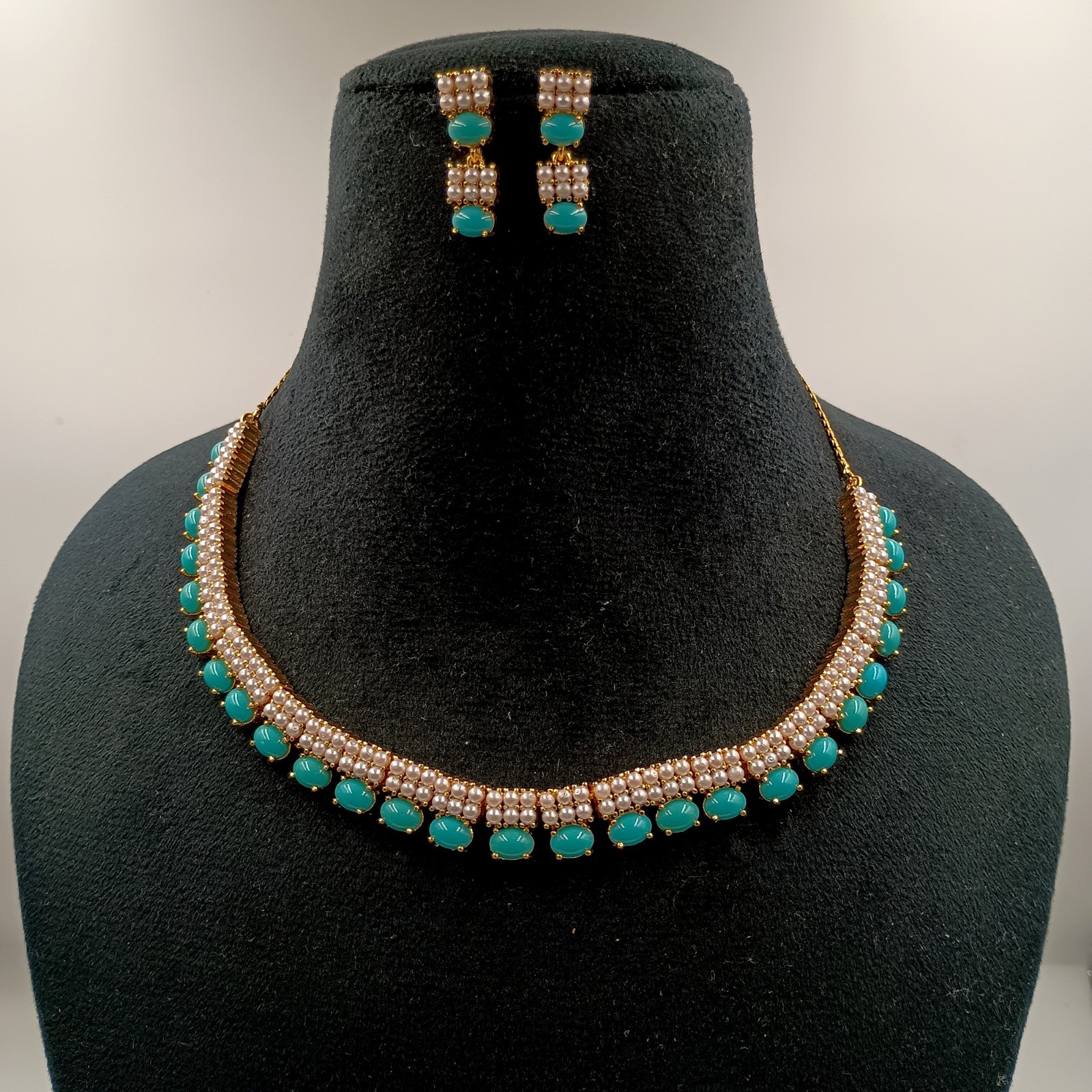 Turquoise and Pearl Necklace Set, 22k Gold Plated Choker, South Indian Jewelry