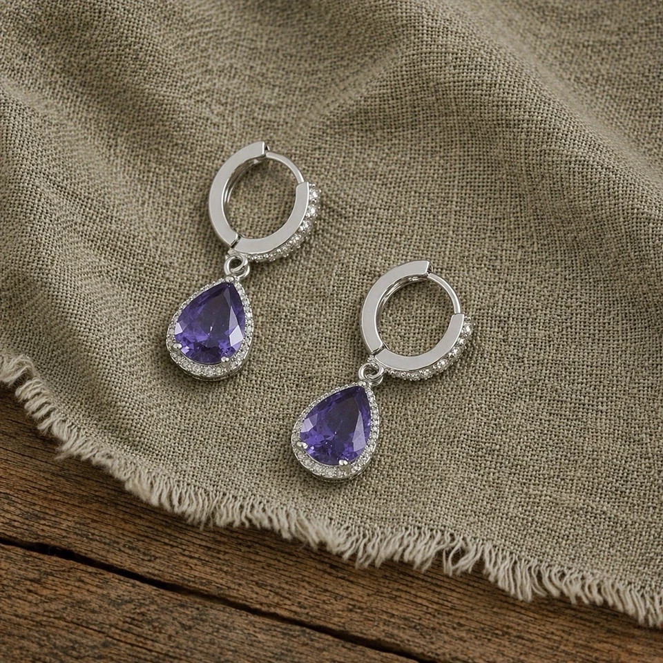2.50Ct Pear Cut Simulated Amethyst Wedding Hoop Earrings 14K White Gold Plated