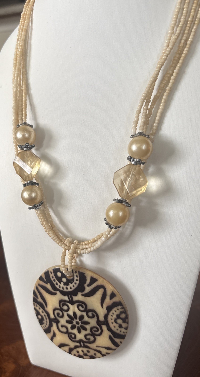 Ivory Beaded Multi Seed Bead Strand Boho Shell Pendant Drop Necklace 21”