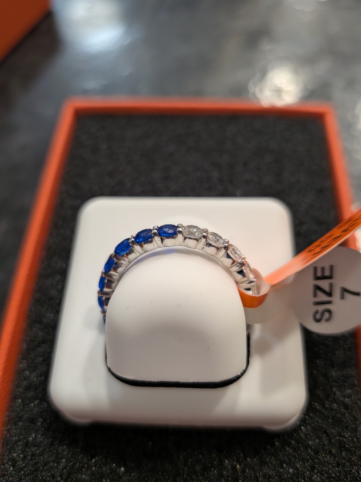 Blue & White CZ Eternity Band, 925 Sterling Silver, Stackable Ring Size 7