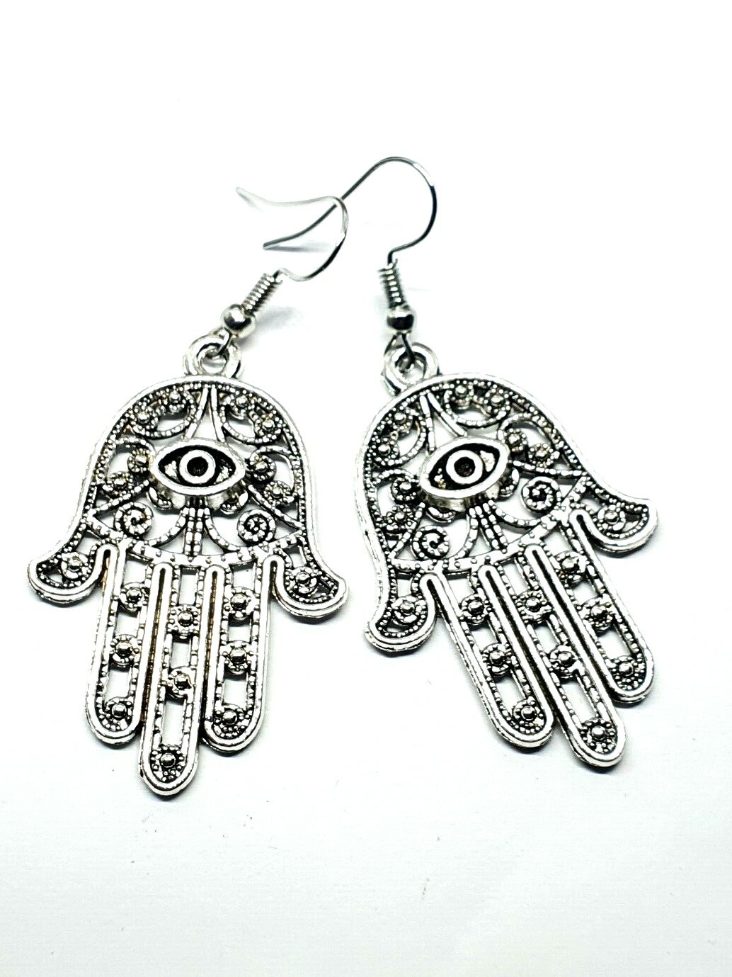 Large Hamsa Earrings Evil Eye Protection Filigree Silver Drop Dangle Jewellery