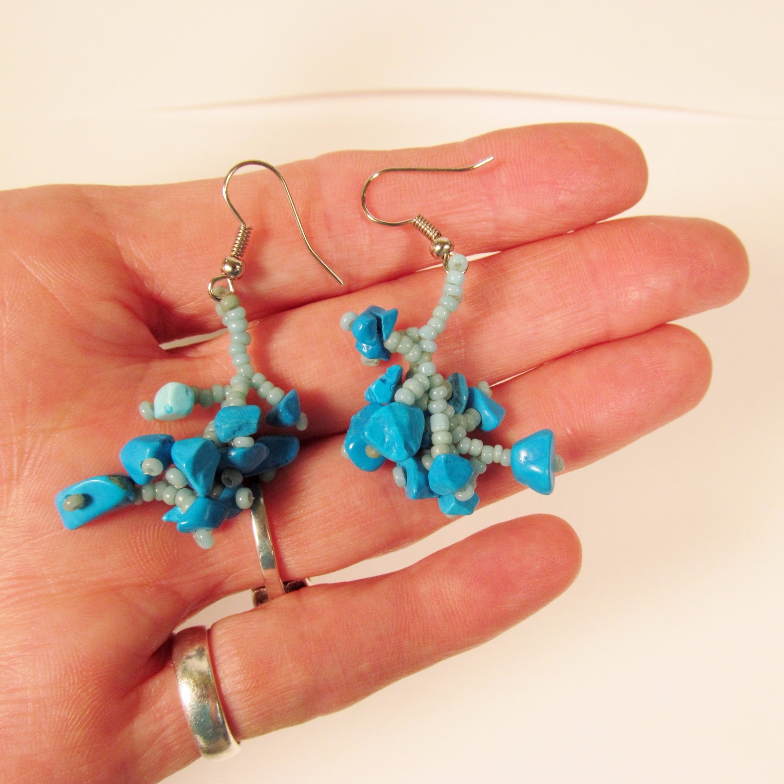 1 1/2″ Drop Style Turquoise Color Stone Chip Handmade Dangle Seed Bead Earrings