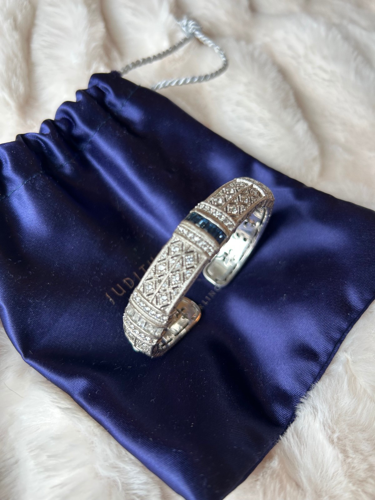 Judith Ripka Sterling Silver 925 CZ and Sapphire Hinged Cuff Bracelet Small