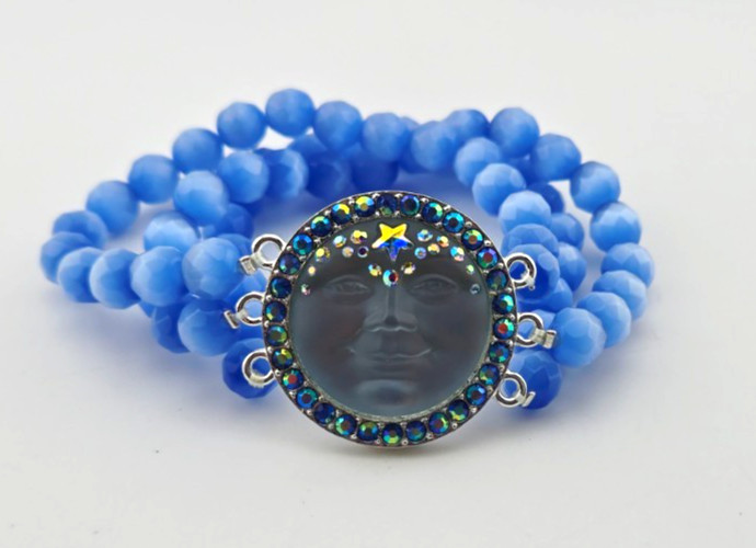 KIRKS FOLLY Venus 25mm Seaview Moon Crystal Stretch Bracelet Silvertone Blue
