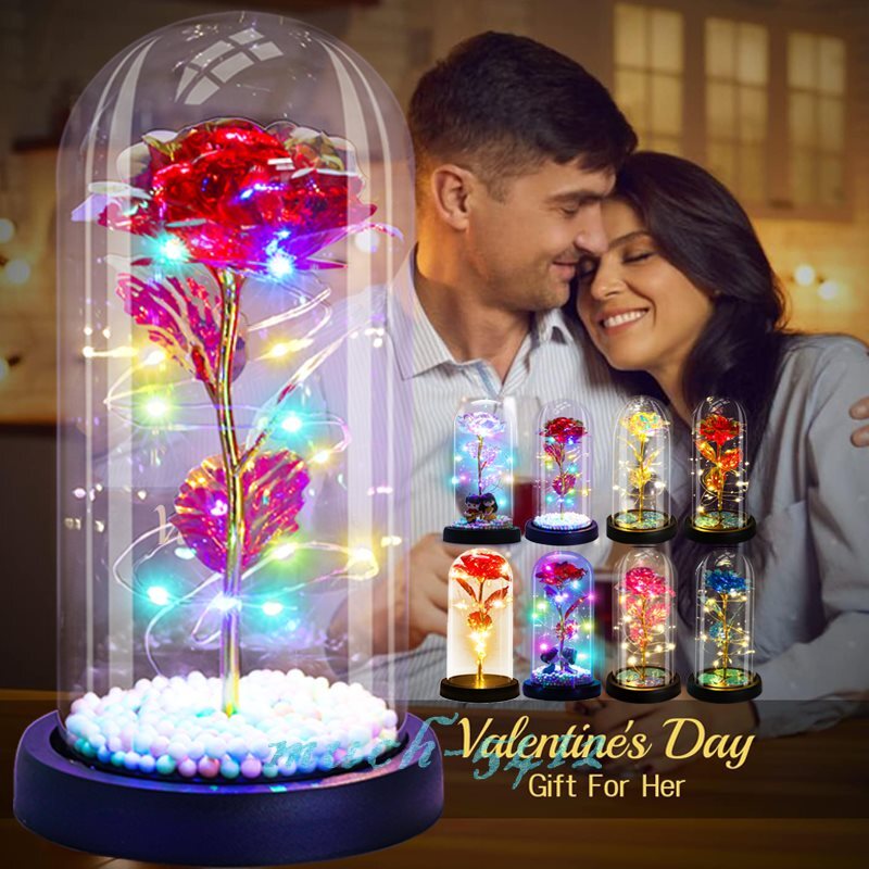 Preserved Eternal Gold Foil Rose In Glass Galaxy Flower Dome LED Light Gift Her