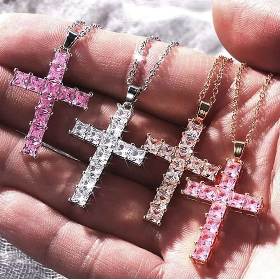 1pc Gold Crystal Jesus Cross Pendant Necklace Man Women Fashion Jewelry – NEW