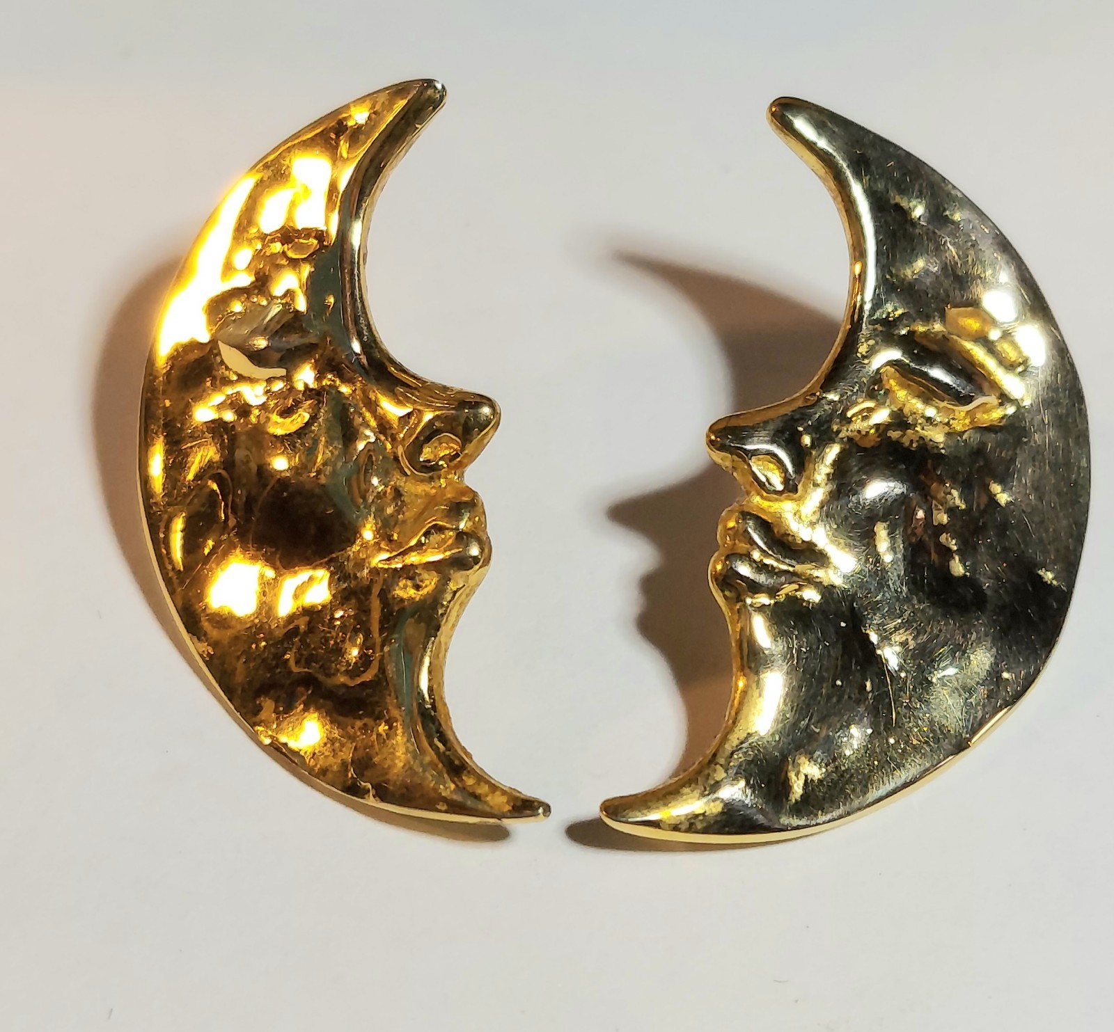 Crescent Half Moon Face Mystic Pierced Earrings Gold Tone 1.5″ Celestial