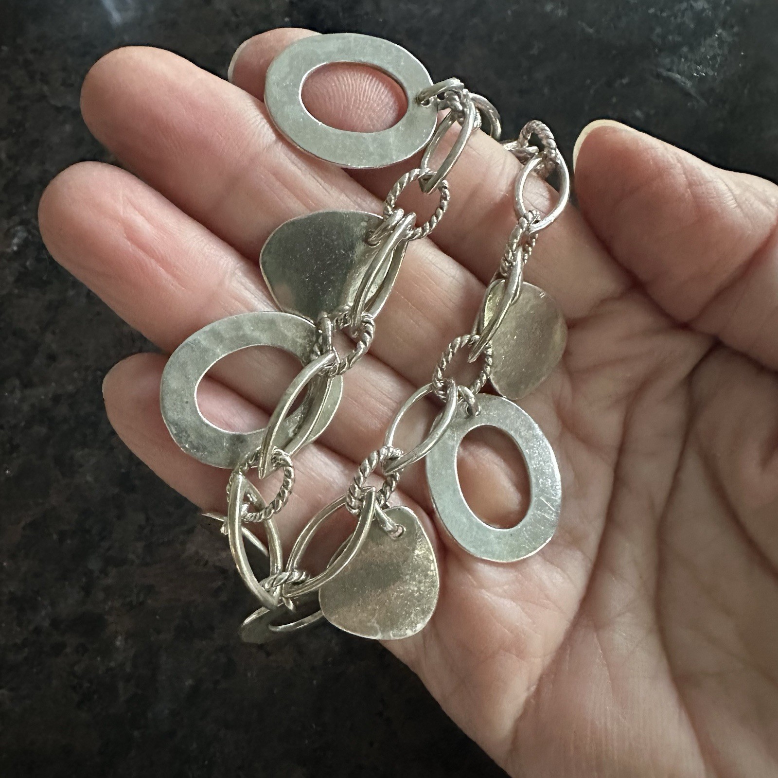 Vintage 925 Sterling Silver Open Oval & Triangle Charm Bracelet 6.75” 30g