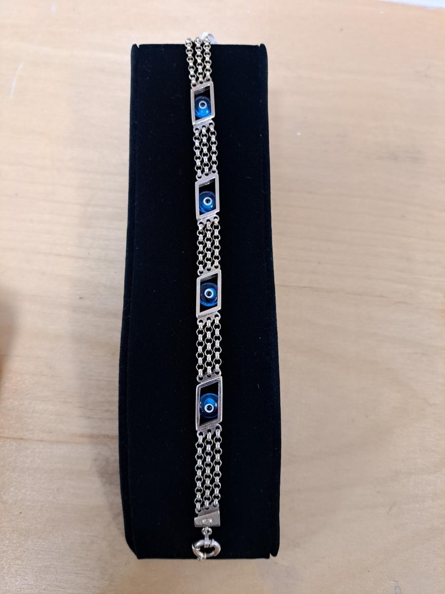 EVIL EYE GOLD LINK BRACELET: 8.5DWT 14K-W/G, 8.5″ 3 STRAND MULTI-CAB (TC4026770)