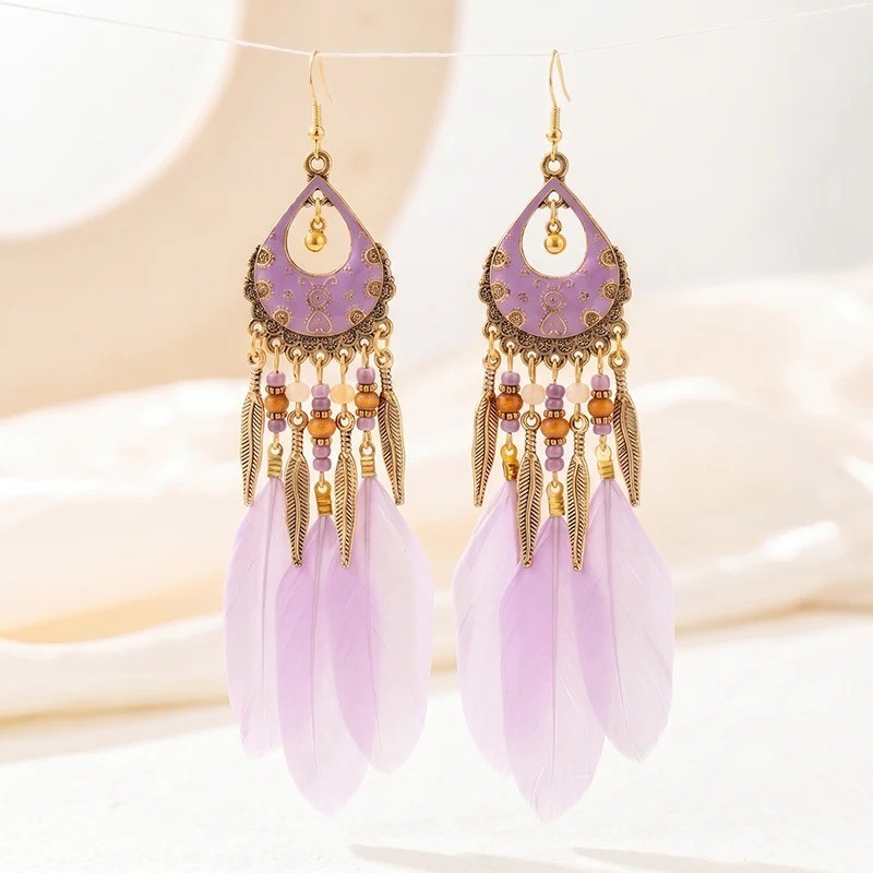 Handmade Bohemian Charm Colorful Feather Retro Design Beaded Long Earrings Women