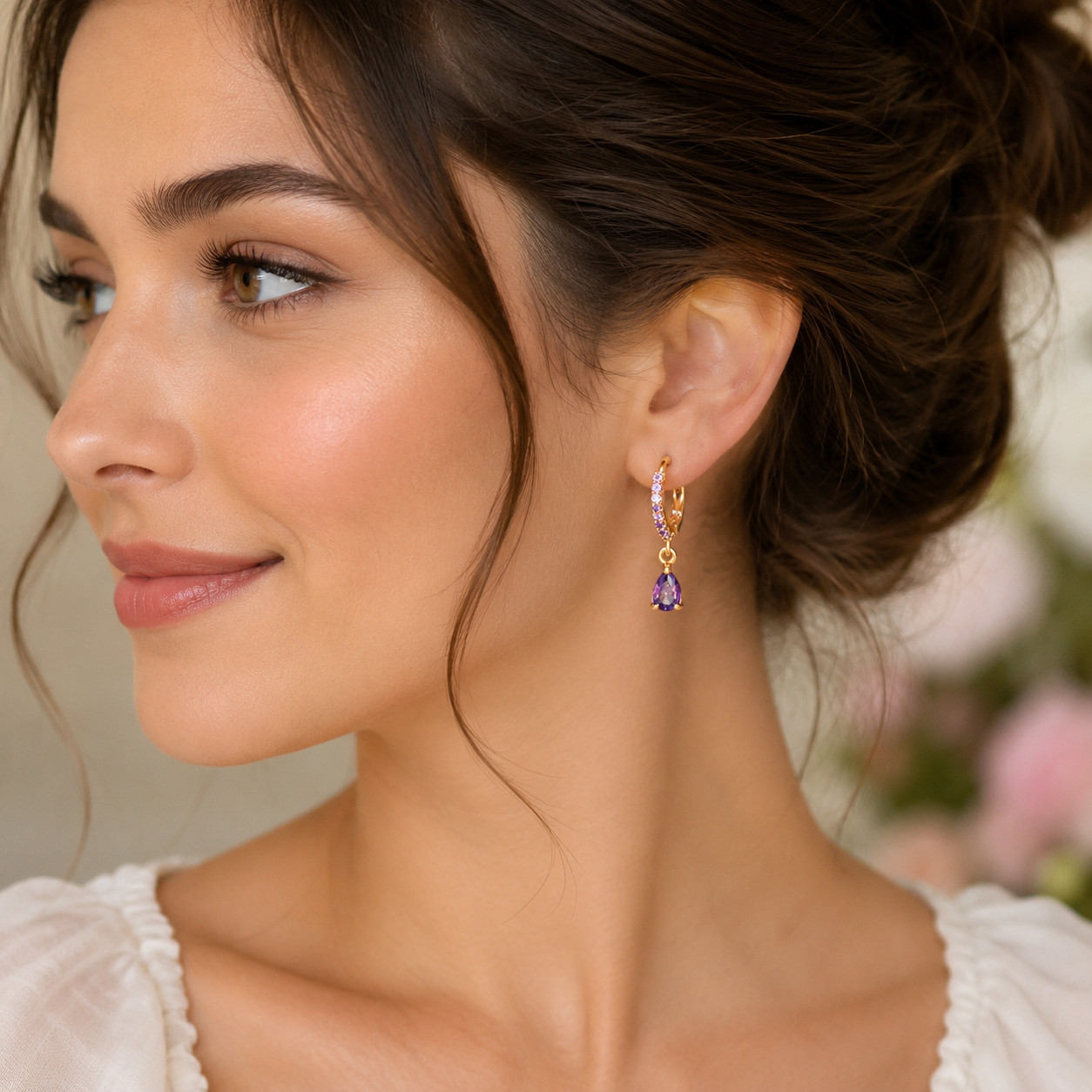 2.00Ct Pear Cut Simulated Amethyst Dangle Hoop Earrings 14K Yellow Gold Plated