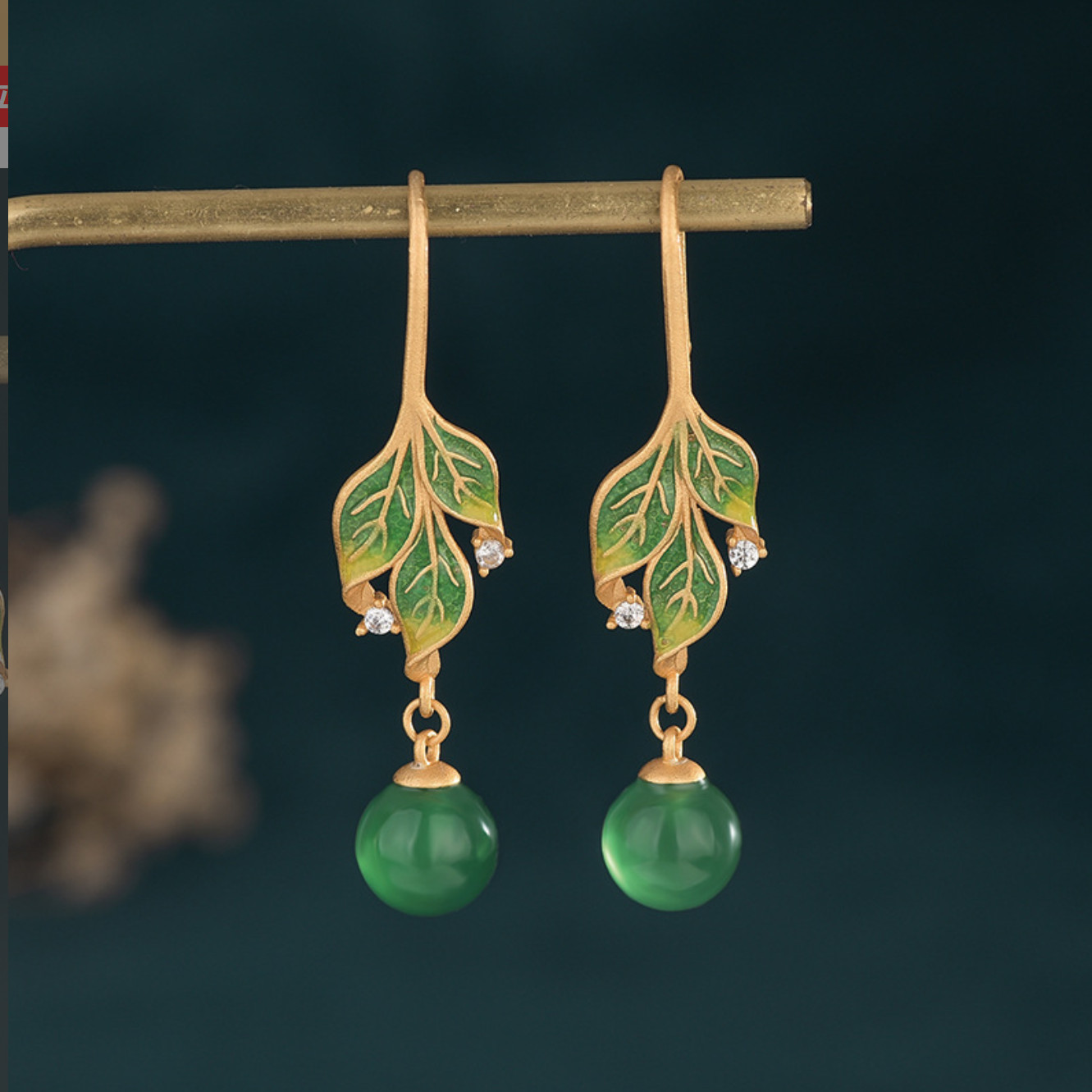Green Jade Drop Dangle Earrings Boho Gemstone Leaf Design Hook 18K Gold Plated