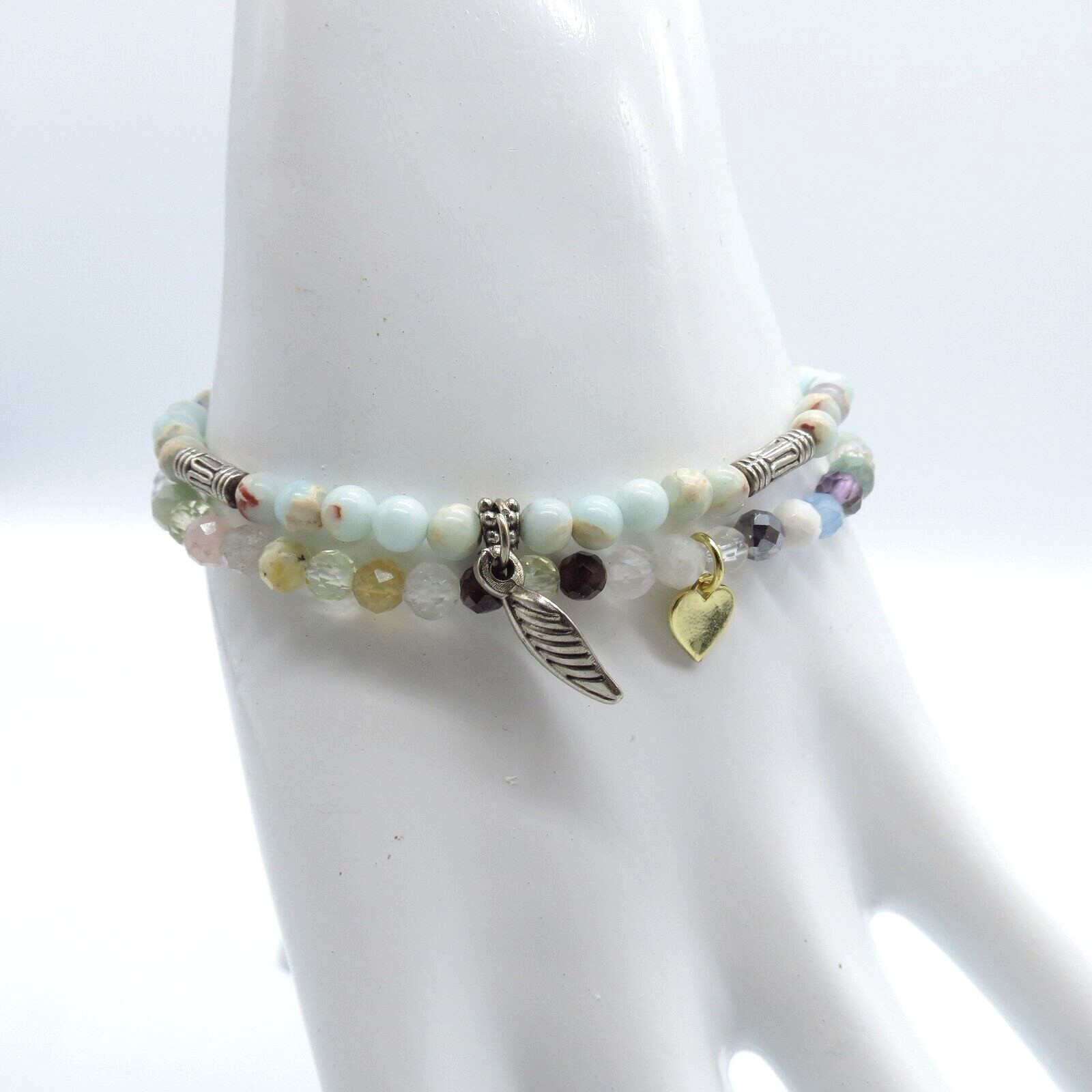 2Pc Dainty Blue Stone Beaded Bracelet Cute Boho Everyday Wear 6.5″