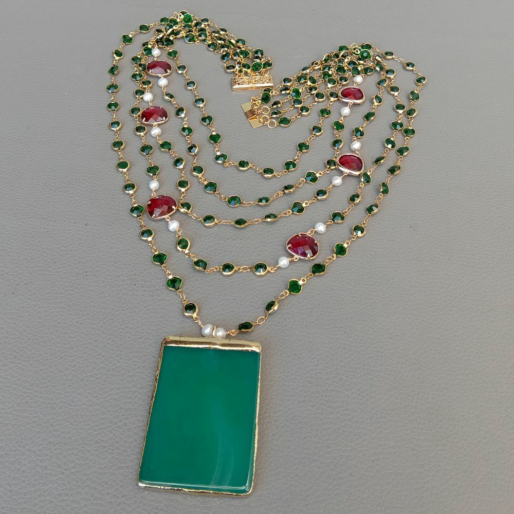 5 Strands White Pearl Green Crystal Chain Necklace Green Agate Pendant 18”
