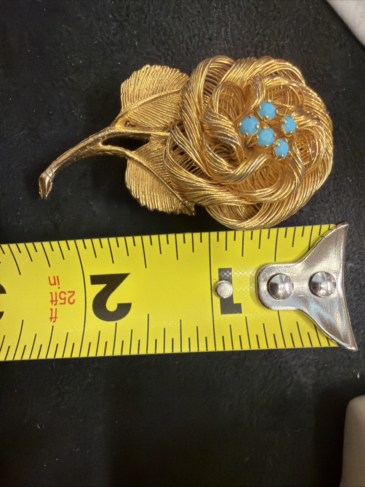 Vintage gold Tone Wire Rose & Aqua Rhinestone Brooch 2 1/4” Long