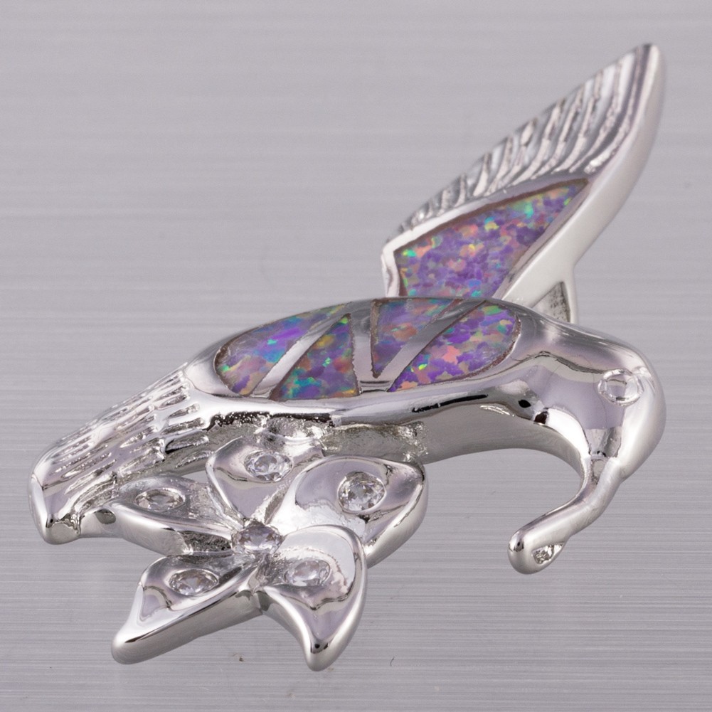 Hummingbird Flower Lavender Purple Fire Opal Silver Jewelry Necklace Pendant
