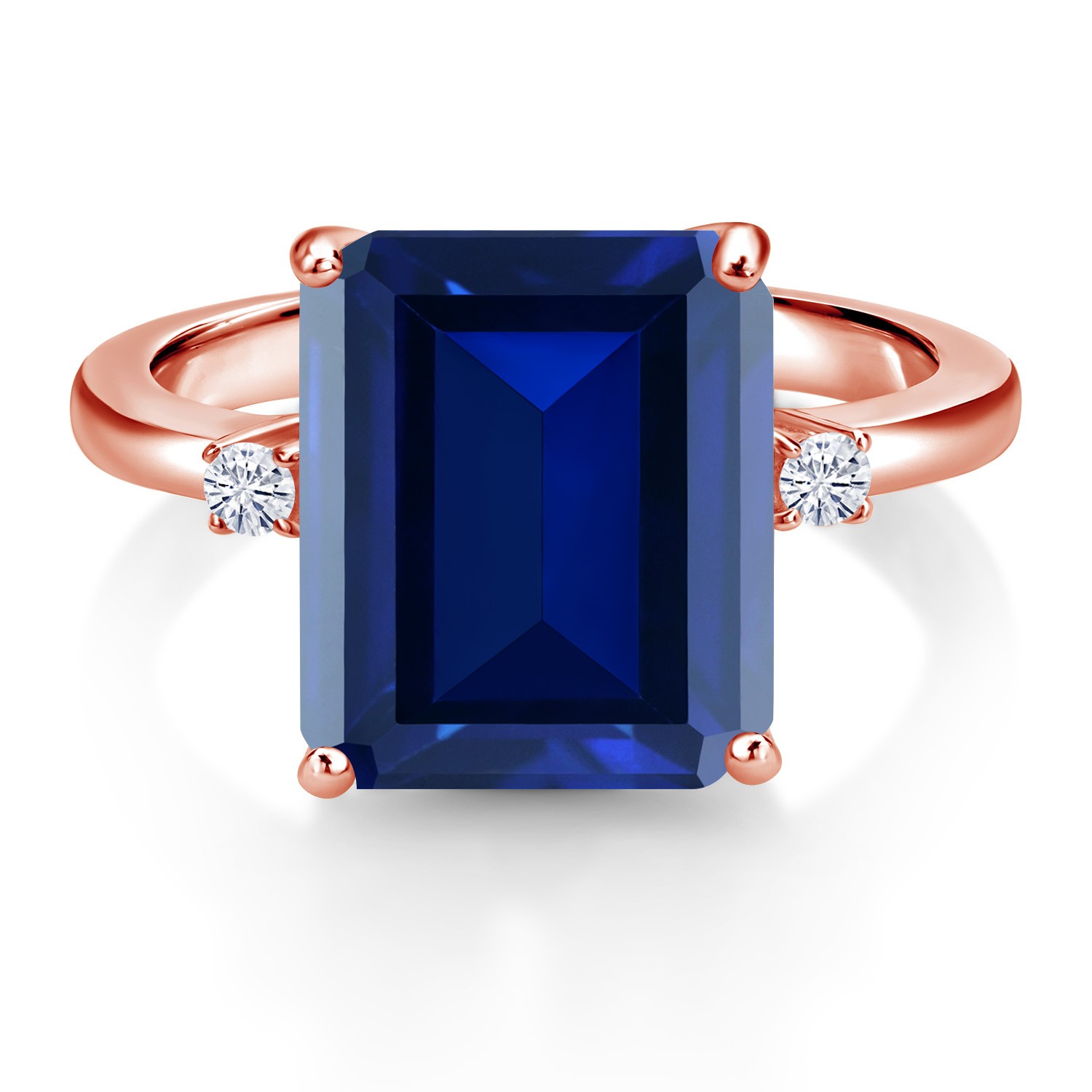 18K Rose Gold Plated Silver 3-Stone Ring Simulated Sapphire Moissanite (6.78