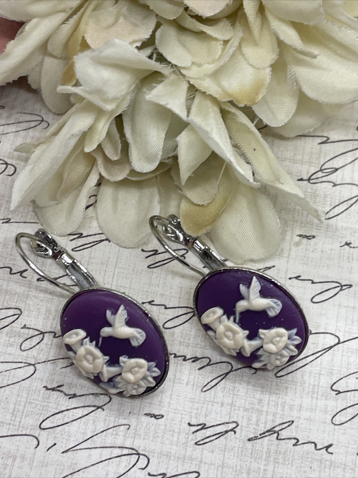 Morning Glory Hummingbird Silver Boutique French Wire Cameo Earrings Wedding Mom