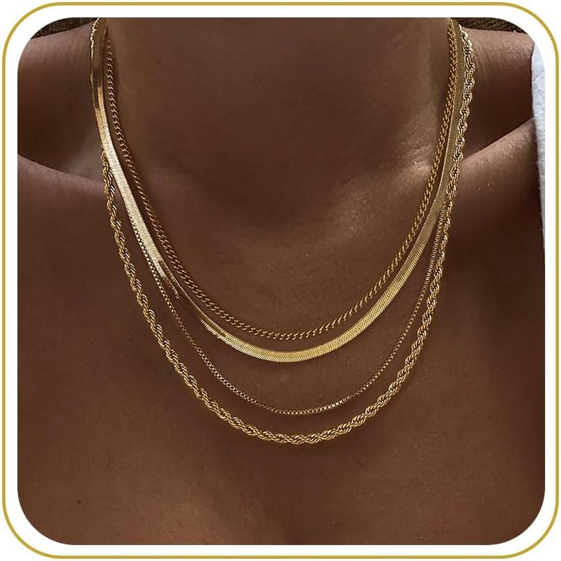 Layered Necklaces for Women Non Tarnish- Chunky 14K Gold Plated Herringbone/Snak