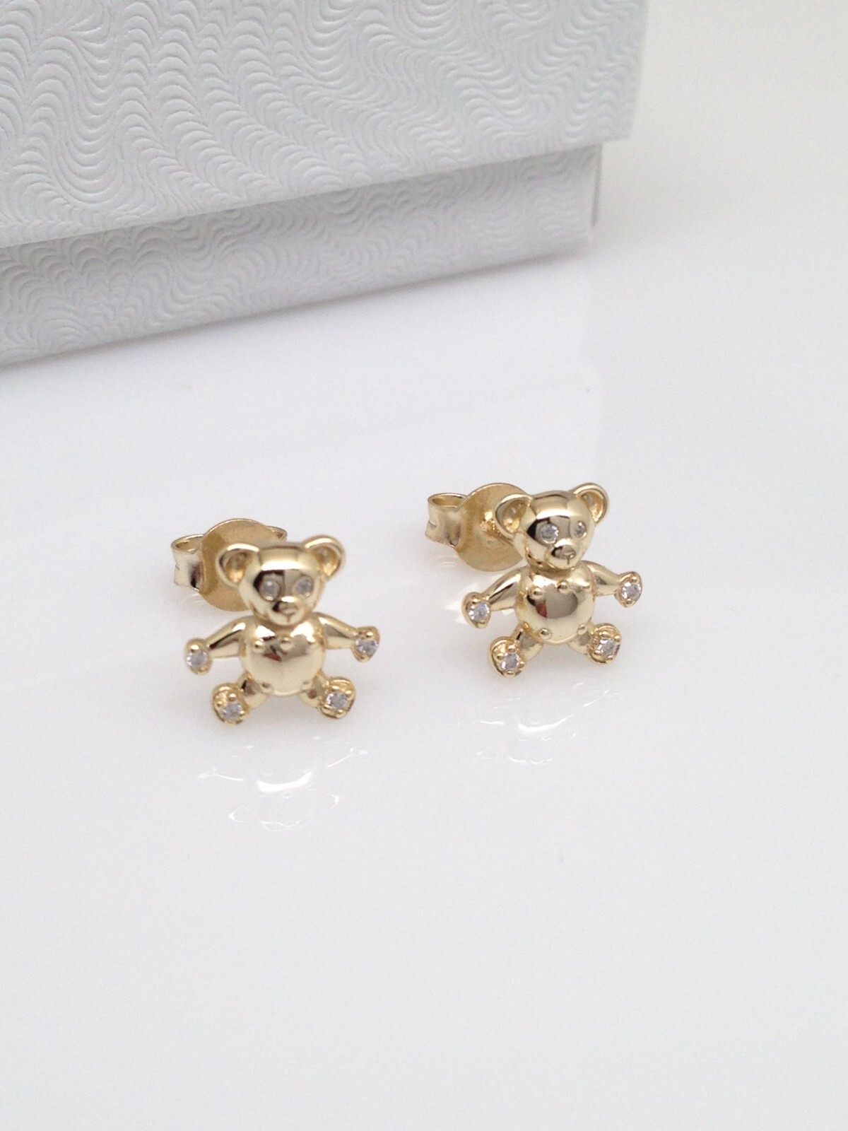 925 Sterling Silver CZ Gold Teddy Bear Stud Earrings Tiny Dainty 9mm Women Girls