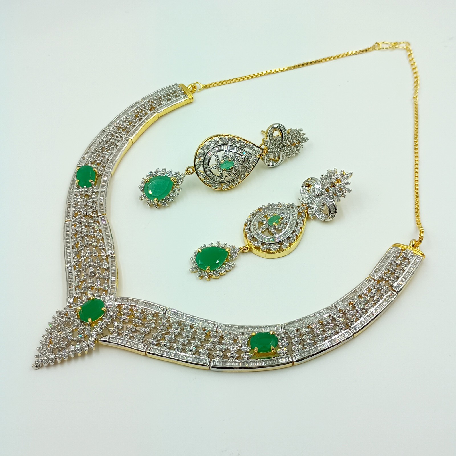 Emerald CZ Diamond Choker Necklace Set 22k Gold Plated South Indian Handmade