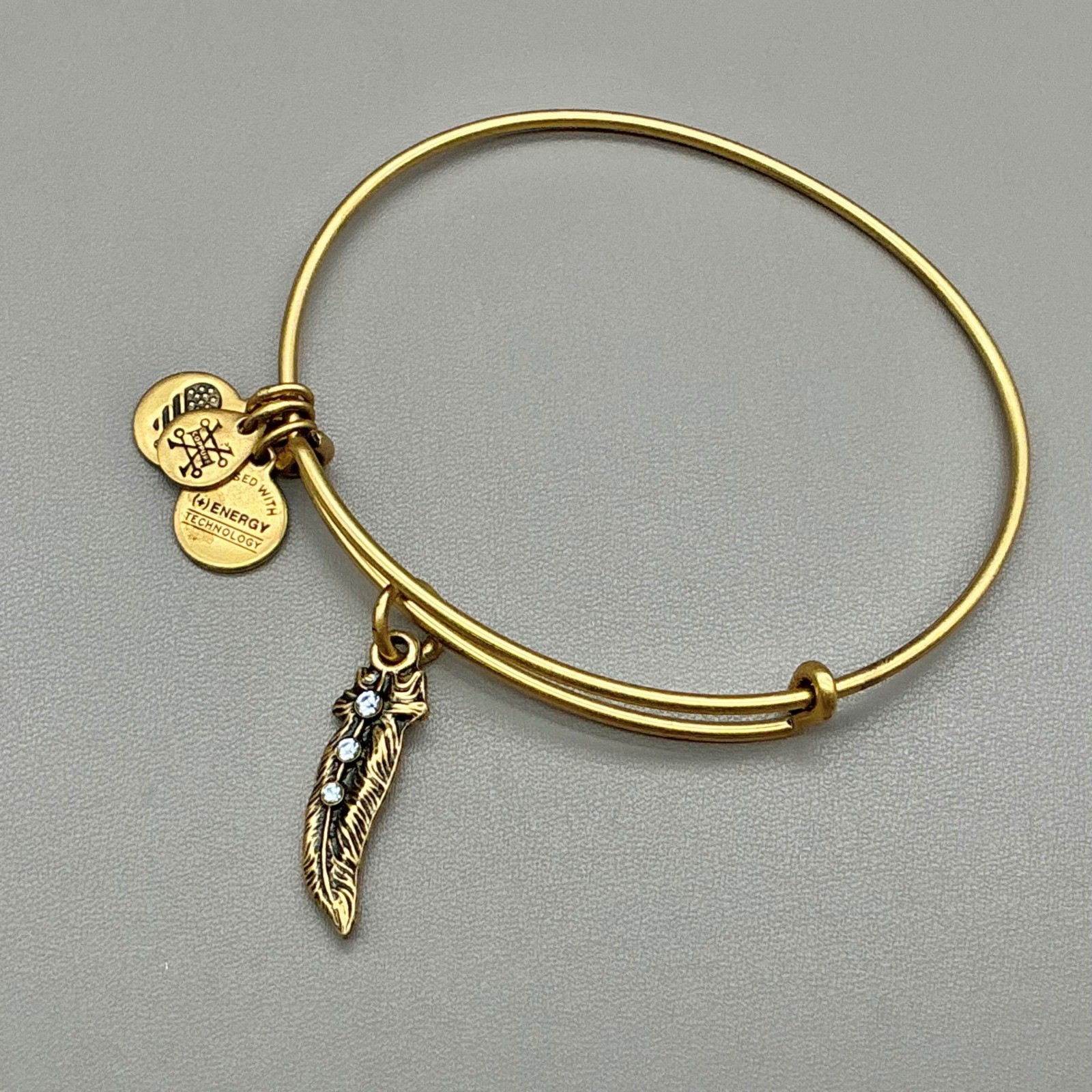 Alex and Ani Bracelet Womens Gold Tone Feather Charm Crystal Bangle 7-8 Inch