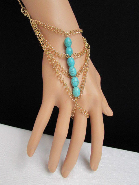 WOMEN GOLD FASHION JEWELRY HAND CHAINS TURQUOISE BLUE BEADS BRACELET SLAVE RING