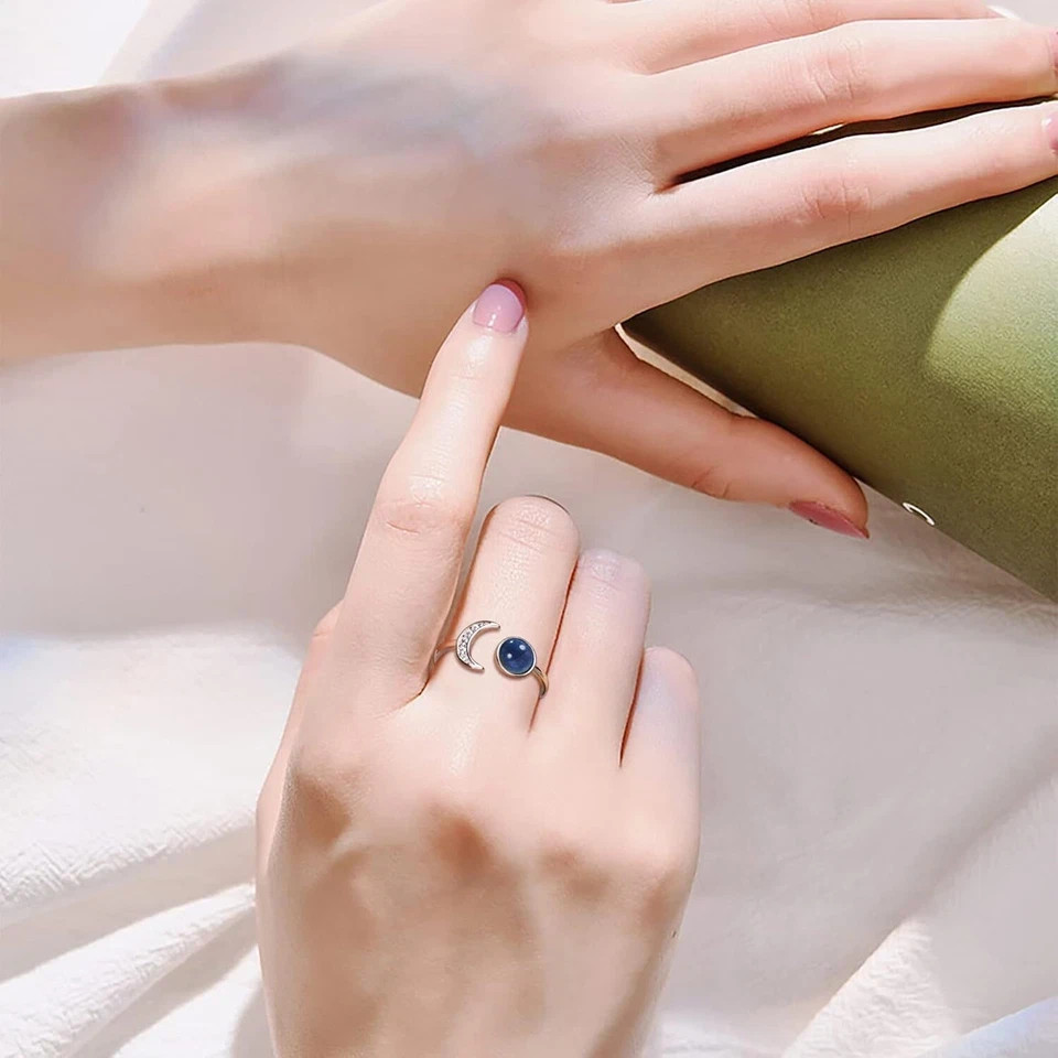 925 Sterling Silver Mood Ring Moon Star Open Adjustable Rings for Women 18K Whit