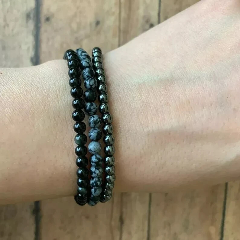 4mm Natural Snowflake Obsidian Beads Healing Crystal Stretch Women Men Bracelet