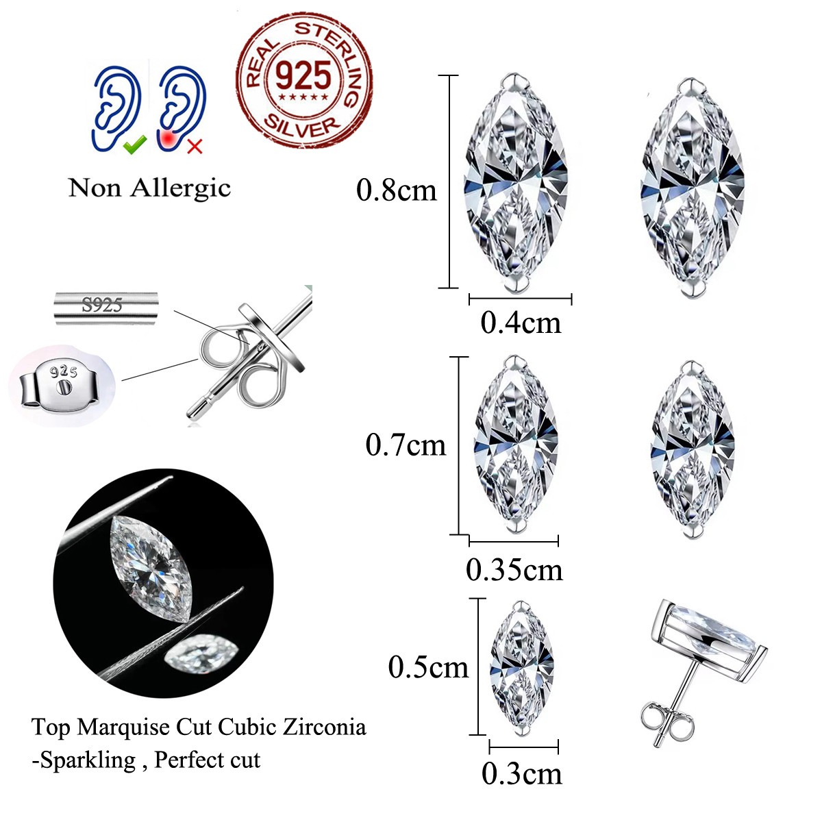 Gorgeous Marquise Cut Cubic Zirconia 925 Sterling Silver Stud Earrings for Women